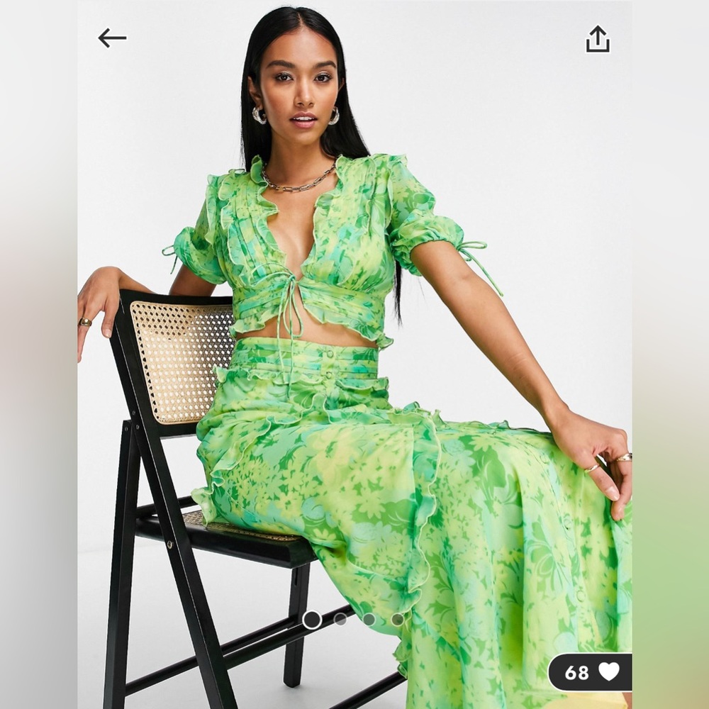 ASOS DESIGN short sleeve top with ruffle detail and front green floral print